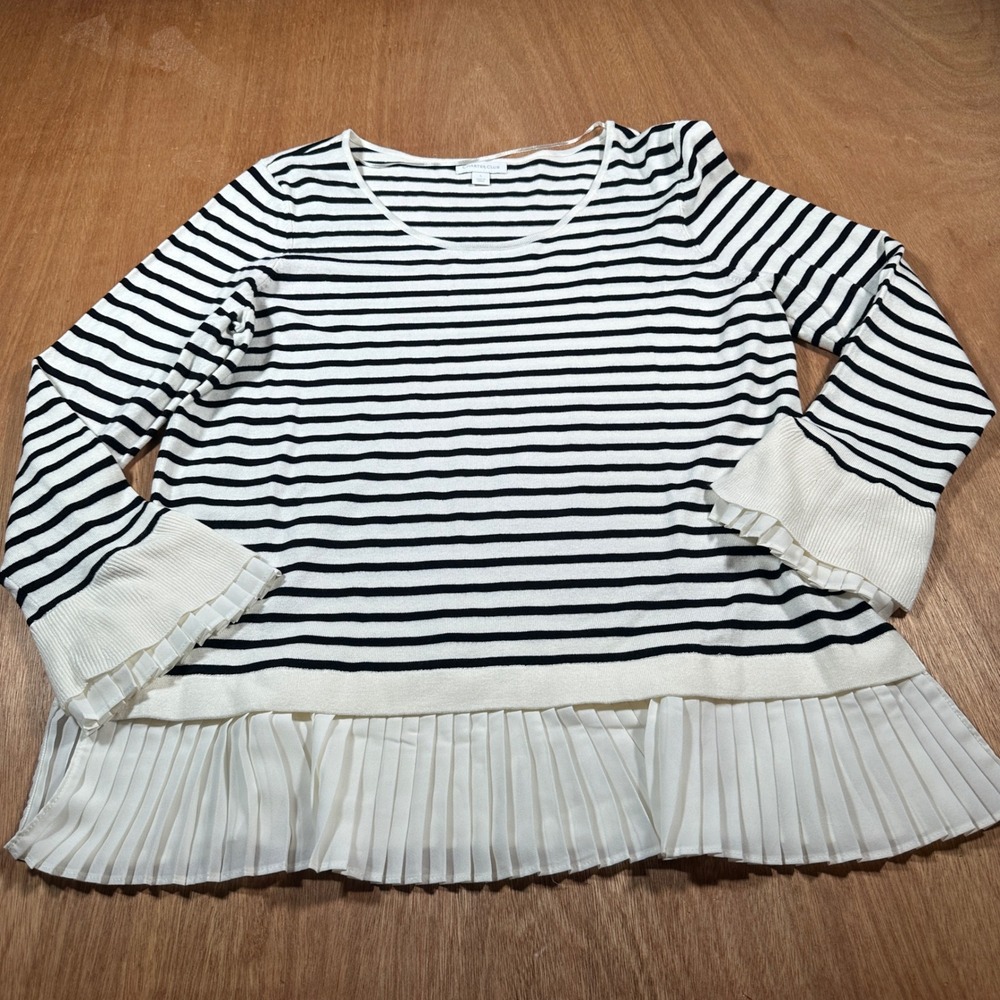 Charter Club Sweater Women L Cream Black Striped Pleated Hem Mixed Media Top